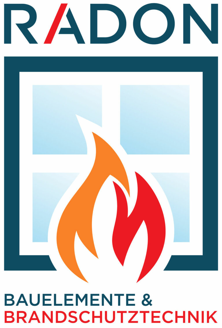Das Logo von Radon Bauelemente. Ein Flamme die vor einem Fenster lodert. Darüber das Wort Radon. Darunter die Beschreibung Bauelemente und Brandschutztechnik.